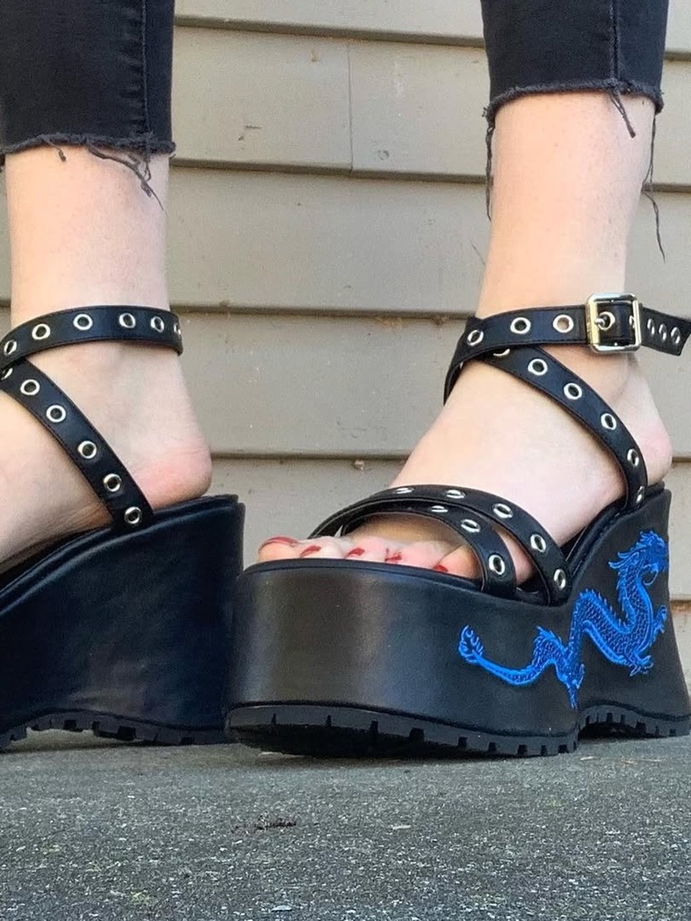 Black Platform Sandals with Blue Embroidered Dragon